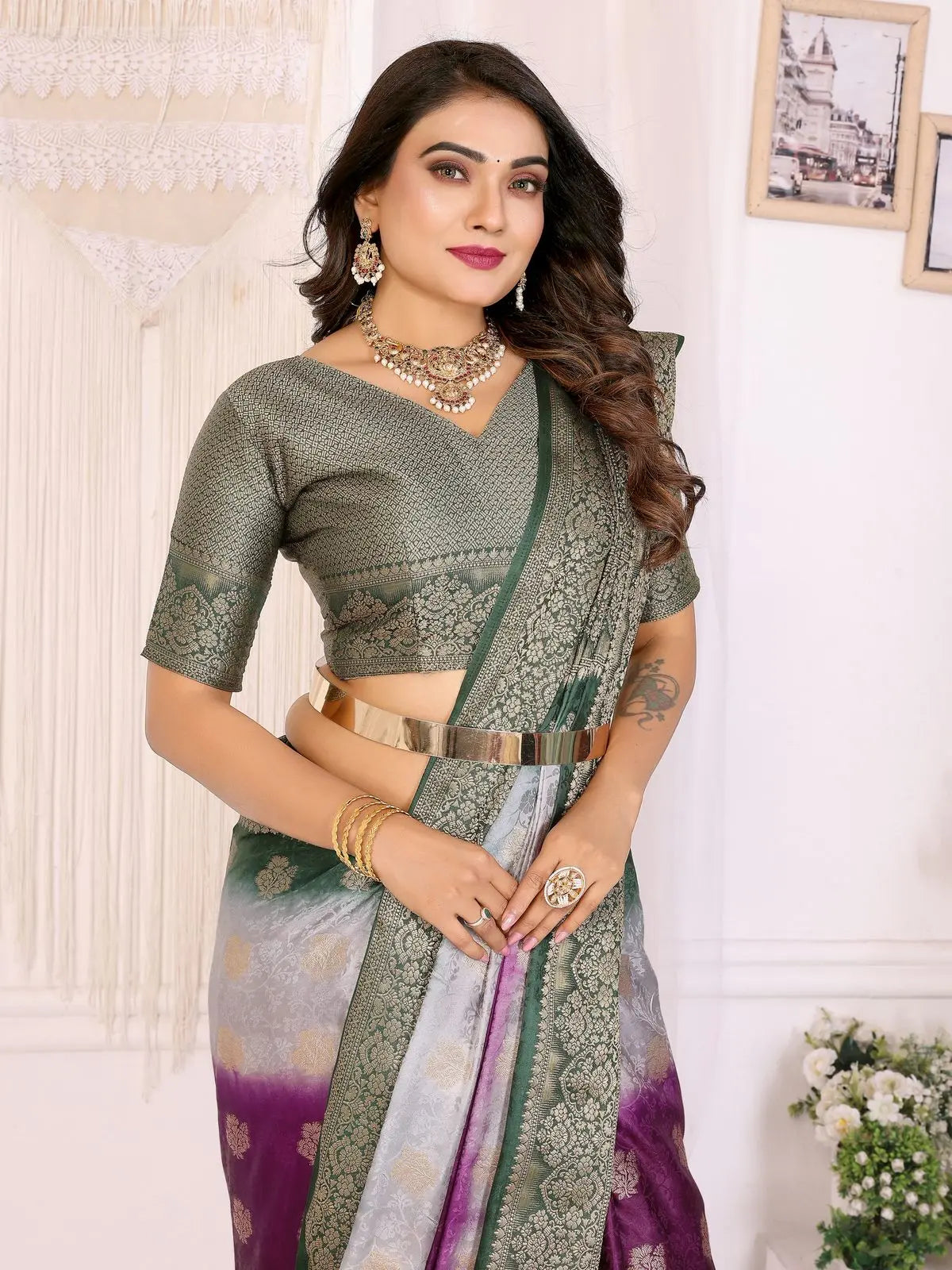 purple and green woven art silk saree